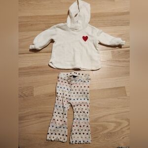 Old Navy Cream Hoodie with Red Heart And Heart Flare Pants